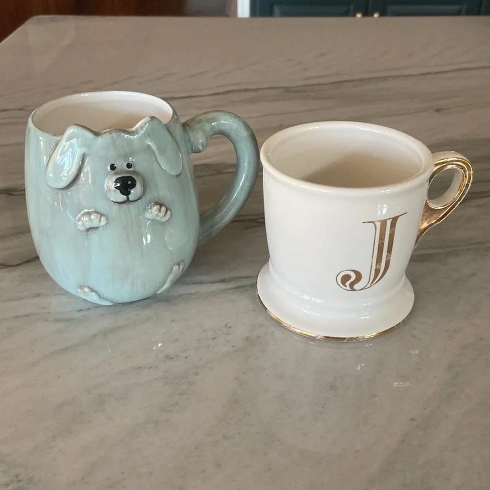 Anthropologie White and Gold Coffee Mug and Ganz Puppy Mug Bundle